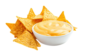 Crunchy tortilla chips with creamy cheese dip in white bowl, cut out