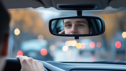 Man reflected in rearview mirror while driving in traffic, focused and alert driving
