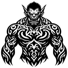Fototapeta premium Ferocious Figure: A formidable creature with menacing expression and intricate tribal tattoos, an embodiment of power and untamed energy.