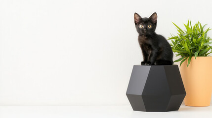 small black cat perched on matte black geometric pedestal