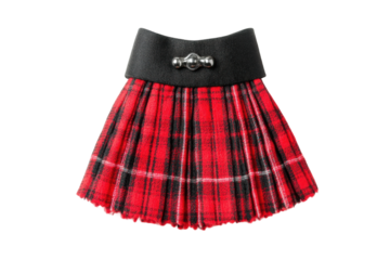 Red plaid tartan kilt with black leather waistband and metal clasp, cut out