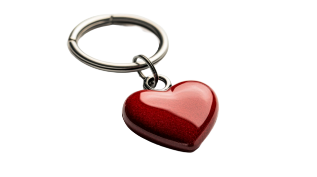 Heart keychain on black background, love and gift idea, cut out transparent