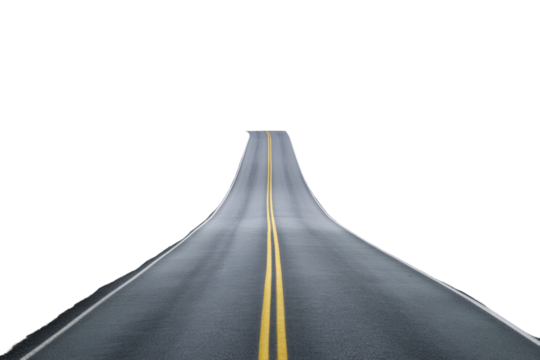 Solitary road with yellow line against black background, cut out