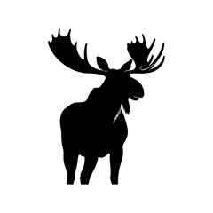 A black and white vector silhouette of a moose in a woodland setting, surrounded by pine trees on a white background