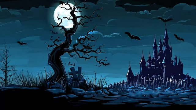 Spooky night scene. Bats fly over a haunted castle, grave, and bare tree under a full moon