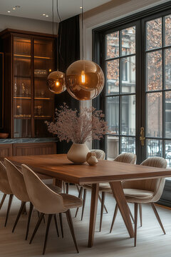 Salle &agrave; manger lumineuse avec suspensions cuivr&eacute;es sph&eacute;riques, table en bois clair, chaises beige en velours et vase d&eacute;coratif sur fond de grandes fen&ecirc;tres noires