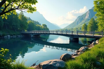 Modern footbridge spans tranquil lake, fishing equipment nearby, pier, calm, box
