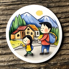 Happy Father and Daughter Hiking in Colorful Mountain Village Illustration