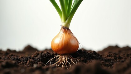 Onion plant grows in soil. Healthy organic agriculture, sustainable farming. Fresh onion with green leaves, root system. Vegetable cultivation at garden. Close-up with dark soil, white background.