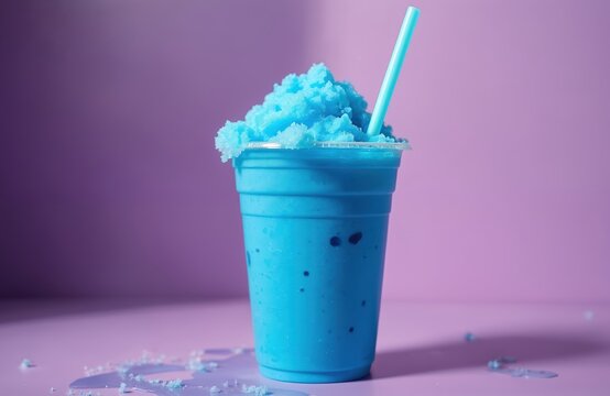 Tropical blue slush drink in clear plastic cup, purple background. Frozen ice beverage with straw. Fresh refreshment at summer party on vacation, resort. Cold dessert, take away, fruit juice.