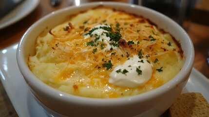 Creamy mashed potato with cheese and sour cream dip