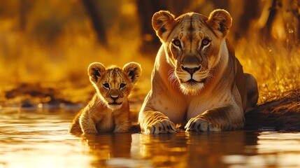 A majestic lioness and her playful cub pausing 