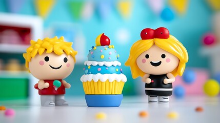 Fototapeta premium Playful Figurines with Festive Cupcake and Party Background