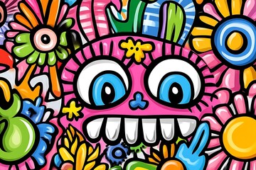 Fototapeta premium Playful Pink Monster Amidst Vibrant Floral Designs