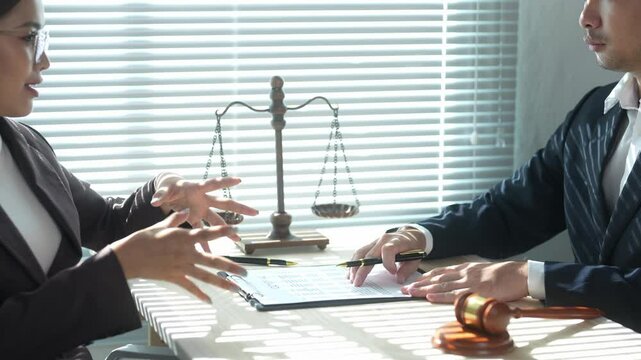 A man and a woman are sitting at a desk with a scale in the background. The man is writing on a piece of paper while the woman looks on