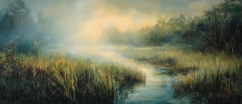 A serene river winding through misty grasslands at dawn.