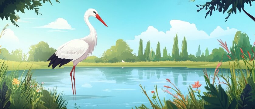 A serene scene featuring a graceful stork standing by a calm pond surrounded by greenery.