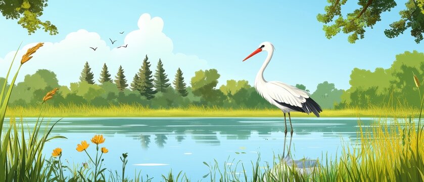 A serene scene featuring a white stork standing by a peaceful lake surrounded by greenery.