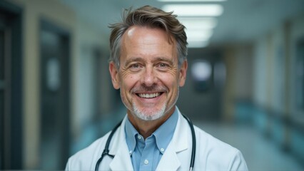 Fototapeta premium A cheerful medical professional stands confidently in a hospital corridor, exuding positivity and care. His warm smile and friendly demeanor create an inviting atmosphere for patients and staff alike.