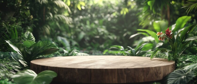 A serene wooden platform surrounded by lush greenery and vibrant plants.