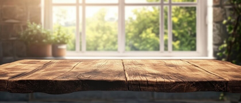 A sunlit wooden table in front of a large window with green plants outside.