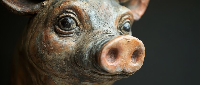 Close-up of a beautifully crafted ceramic pig sculpture with intricate details.