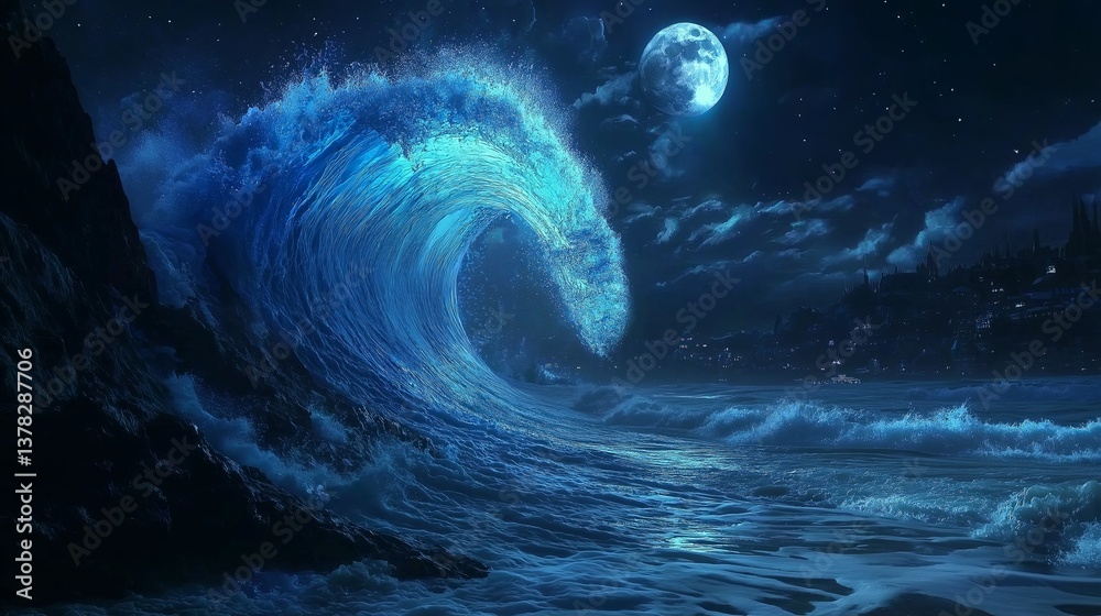 Poster a massive tidal wave frozen in time, shimmering under moonlight.