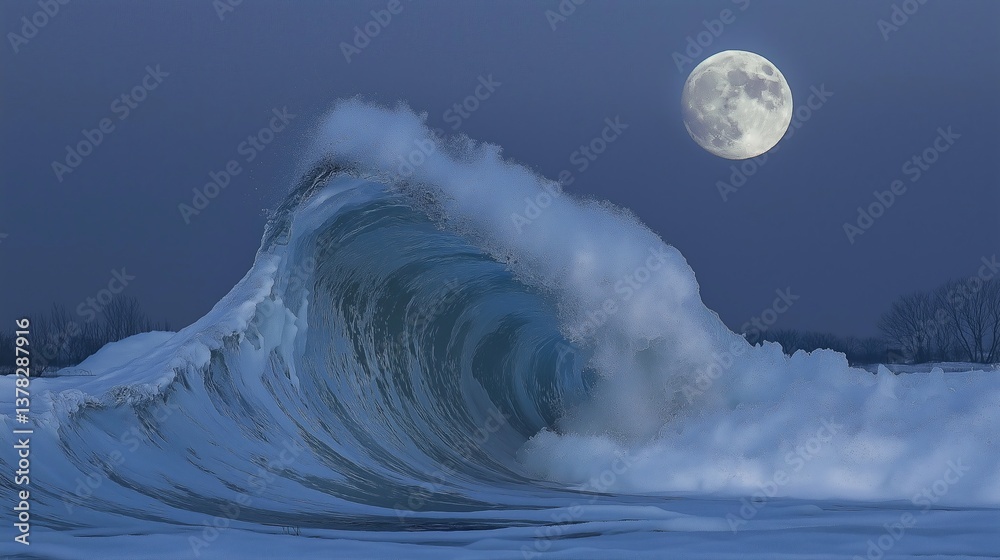 Poster a massive tidal wave frozen in time, shimmering under moonlight.