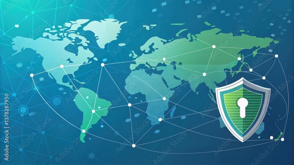 Poster digital world map with interconnected lines and a shield symbolizing cybersecurity and data protecti