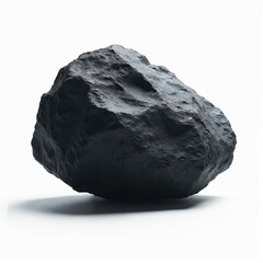 Obraz premium Isolated black meteorite rock on white background. Rough textured surface, deep space object fragment, iron ore. Illustration suits science, education, space exploration, astronomical projects.
