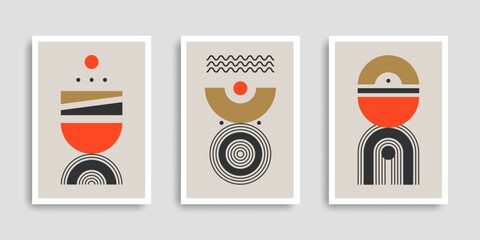 Minimalist wall art set. Contemporary posters with geometric shapes in style boho. Collection wall prints for home decor in pastel colors. Vector illustration. Design for print poster, cover.