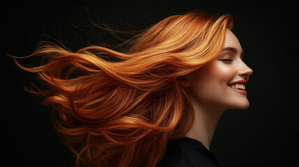 Naklejka premium Portrait of a smiling woman with flowing red hair against a dark background in a profile view