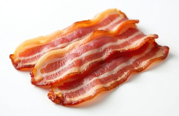 Three slices of crispy fried bacon on white. Close-up of cooked meat with red and white streaks isolated. Delicious breakfast or snack ingredient. Pork meat bacon for meal.
