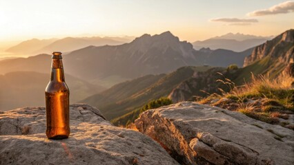 A bottle of beer sits on a rocky ledge, overlooking a stunning mountain landscape at sunset.