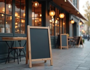 Black chalkboard menu sign on wooden stand outside cafe. Empty blackboard with place for text, promotion, offers or ads. Wooden frame, street view, restaurant exterior.
