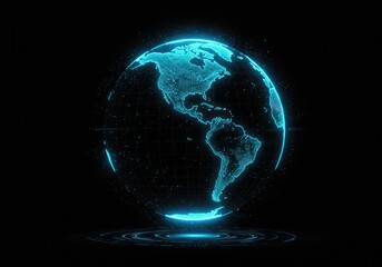 Futuristic digital hologram of Earth suspended alone against a dark background.