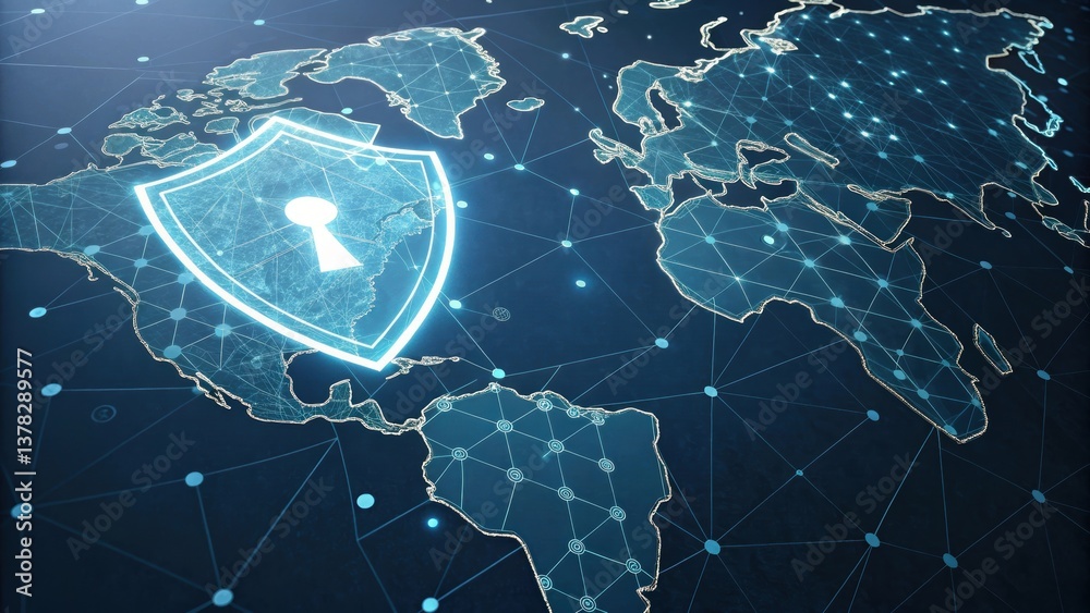 Poster digital world map with a glowing shield and keyhole symbolizing cybersecurity and data protection.