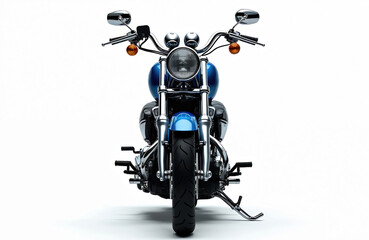 Front view of blue motorcycle isolated on white background. Chrome handlebars, headlight, front tire engine stand out. Classic design power symbol. Modern transport, adventure, freedom.