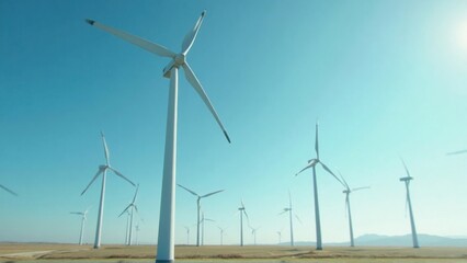 Fototapeta premium Numerous wind turbines stand tall in an expansive field, harnessing the power of the wind. The sunny, clear sky enhances the serene beauty of this renewable energy landscape.