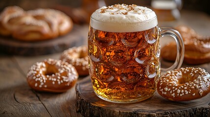 Bavarian beer and pretzels on rustic table