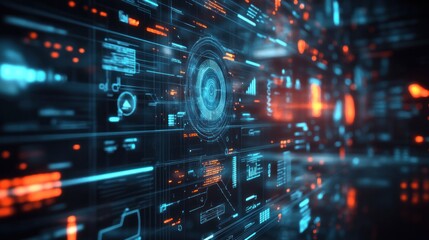 Obraz premium Abstract Digital Futuristic Interface: A mesmerizing digital landscape of glowing blue and orange lines, data streams and technological elements.