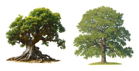 Fototapeta premium Two Majestic Trees A Lush Green Oak and an Ancient Tree with Exposed Roots Perfect for Nature Scenes and Game Design