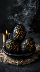 Orthodox Easter eggs with gold labyrinth motifs, brass censer and candles on wool rug, monastic charcoal-gray cultural scene
