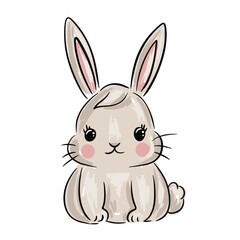 Cute rabbit cartoon character sitting with a soft expression and big ears, kids design print. Vector illustration