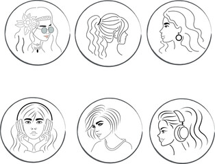 Set of girls avatars. different hairstyles. outline. portraits. modernity and simplicity.