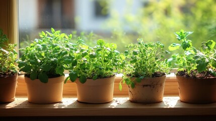 Fototapeta premium Fresh herbs are growing in terracotta pots on a bright windowsill. Use this image to illustrate the joy of gardening and fresh ingredients.