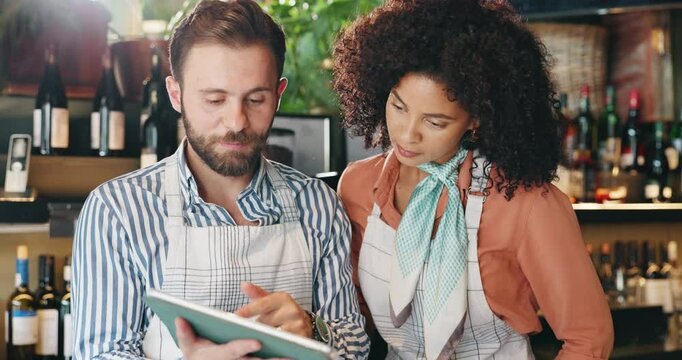 Tablet, team and management with people in cafe for inventory checklist, restaurant review and small business update. Customer experience, critic and menu rating with man, woman and coffee shop app