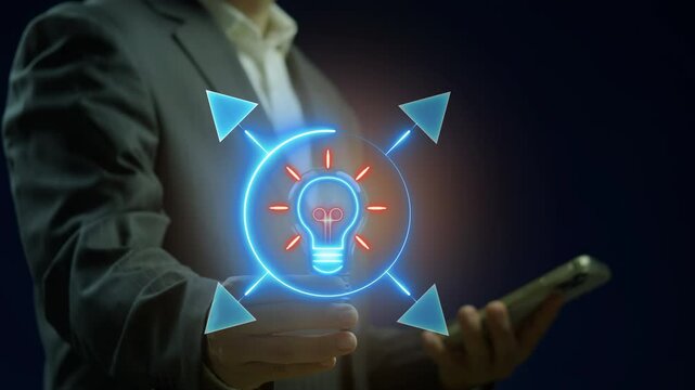 Business efficiency concept, how much a company or organization can produce as it relates to time, cost and quality. Businessman shows animated scalability solutions icon on virtual screen.