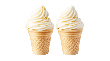 Two vanilla ice cream cones isolated on black background, cut out transparent