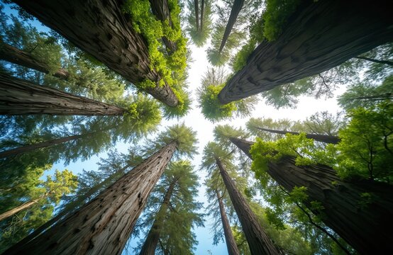 Low angle shot of giant redwood trees reaching to the sky. Rich green foliage at top against blue sky. Majestic view from the bottom. Nature, forest, calm, serenity, zen.